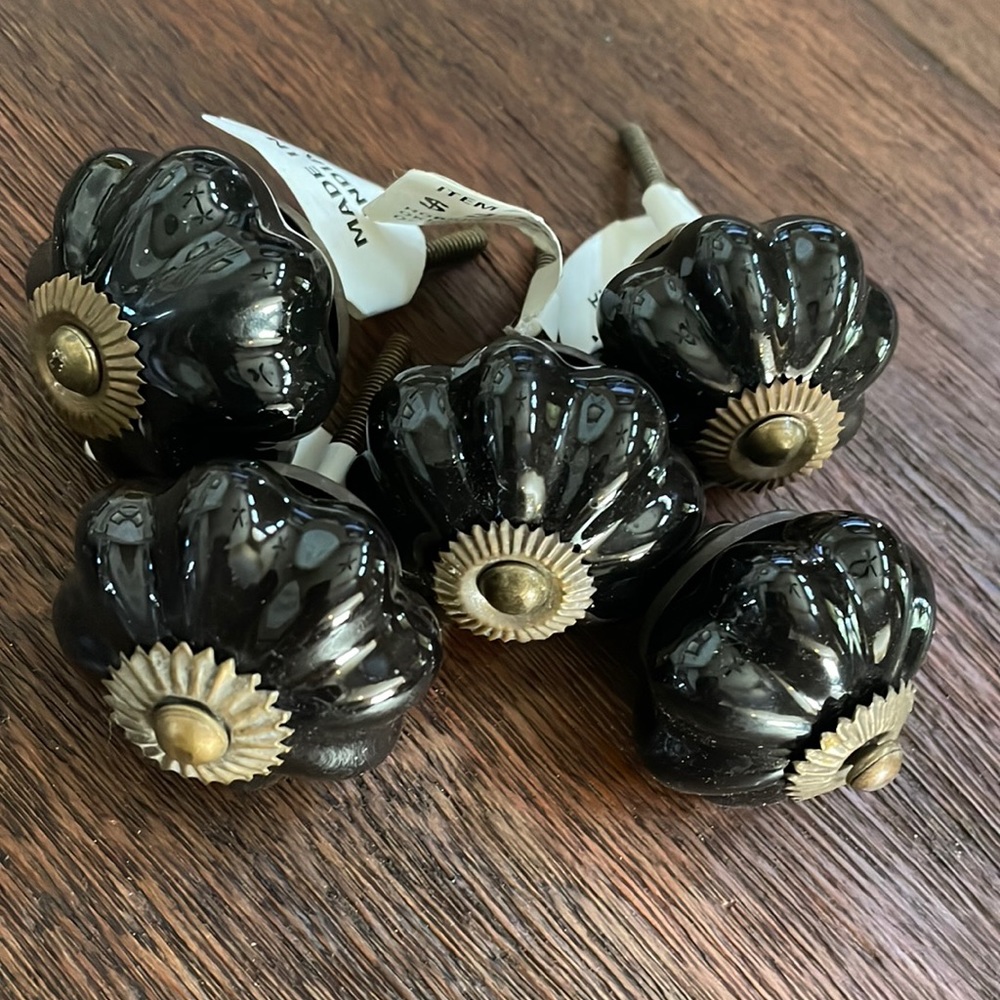 Drawer Pulls  NEW . Set of 5. Black ceramic and bronze hardware